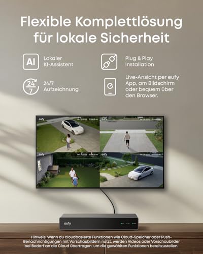 eufy PoE NVR Security System S4 Max, 4× 3-Linsen Bullet-PTZ-Kameras, 16MP, 360° PTZ, 8× Auto-Zoom, KI-Videosuche, Multi-Kamera Tracking, rot-blaues Stroboskop, Farbnachtsicht, 24/7 Aufnahme, 2TB HDD
