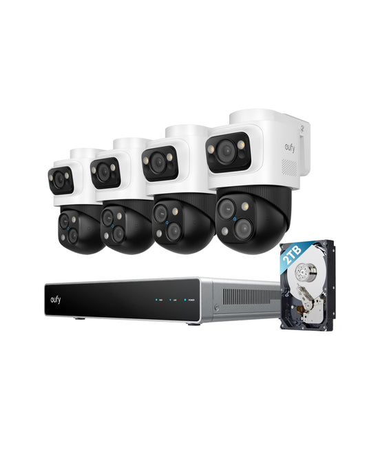 eufy PoE NVR Security System S4 Max, 4× 3-Linsen Bullet-PTZ-Kameras, 16MP, 360° PTZ, 8× Auto-Zoom, KI-Videosuche, Multi-Kamera Tracking, rot-blaues Stroboskop, Farbnachtsicht, 24/7 Aufnahme, 2TB HDD