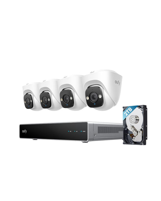 eufy PoE NVR Security System E41, 4× 4K 8MP Turret-Kameras, PoE IP-Kamera, verkabelte Außenkamera, 122° Weitwinkel, Farbnachtsicht, smarte KI-Videosuche, KI-Erkennung, Stroboskop rot-blau, 2TB HDD