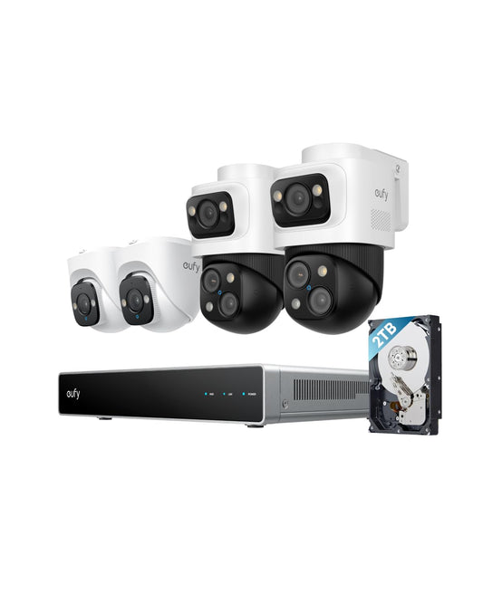 eufy PoE NVR Security System S4, 2× Bullet-PTZ-Kameras, 2X Turrent-Kameras, 360° PTZ, KI Auto-Framing & Tracking, smarte Videosuche, Farbnachtsicht, Stroboskop, Plug & Play, 24/7 Aufnahme, 2TB HDD